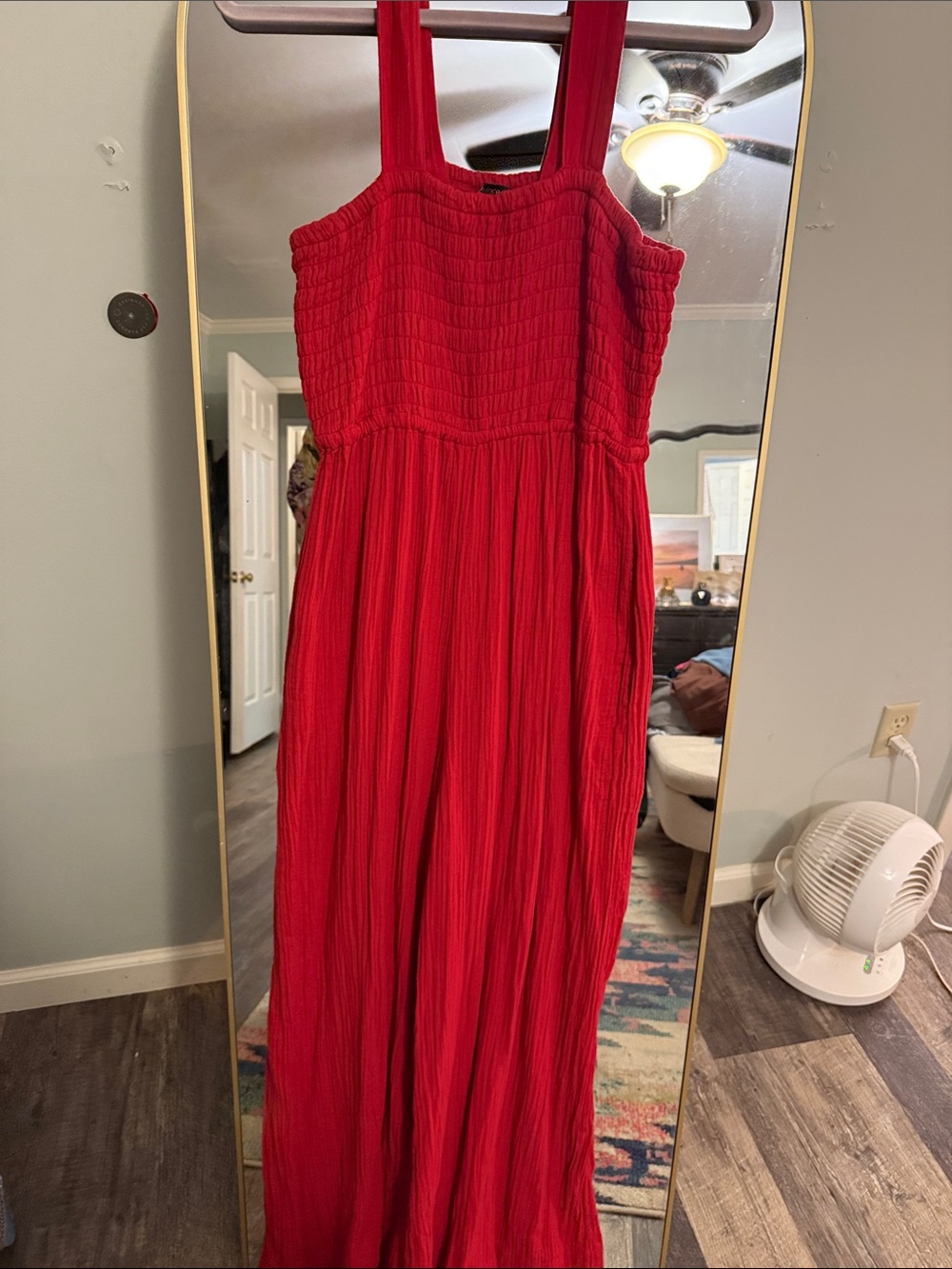 Quince Cherry Red Smocked Maxi Jumpsuit with Wide Adjustable Straps